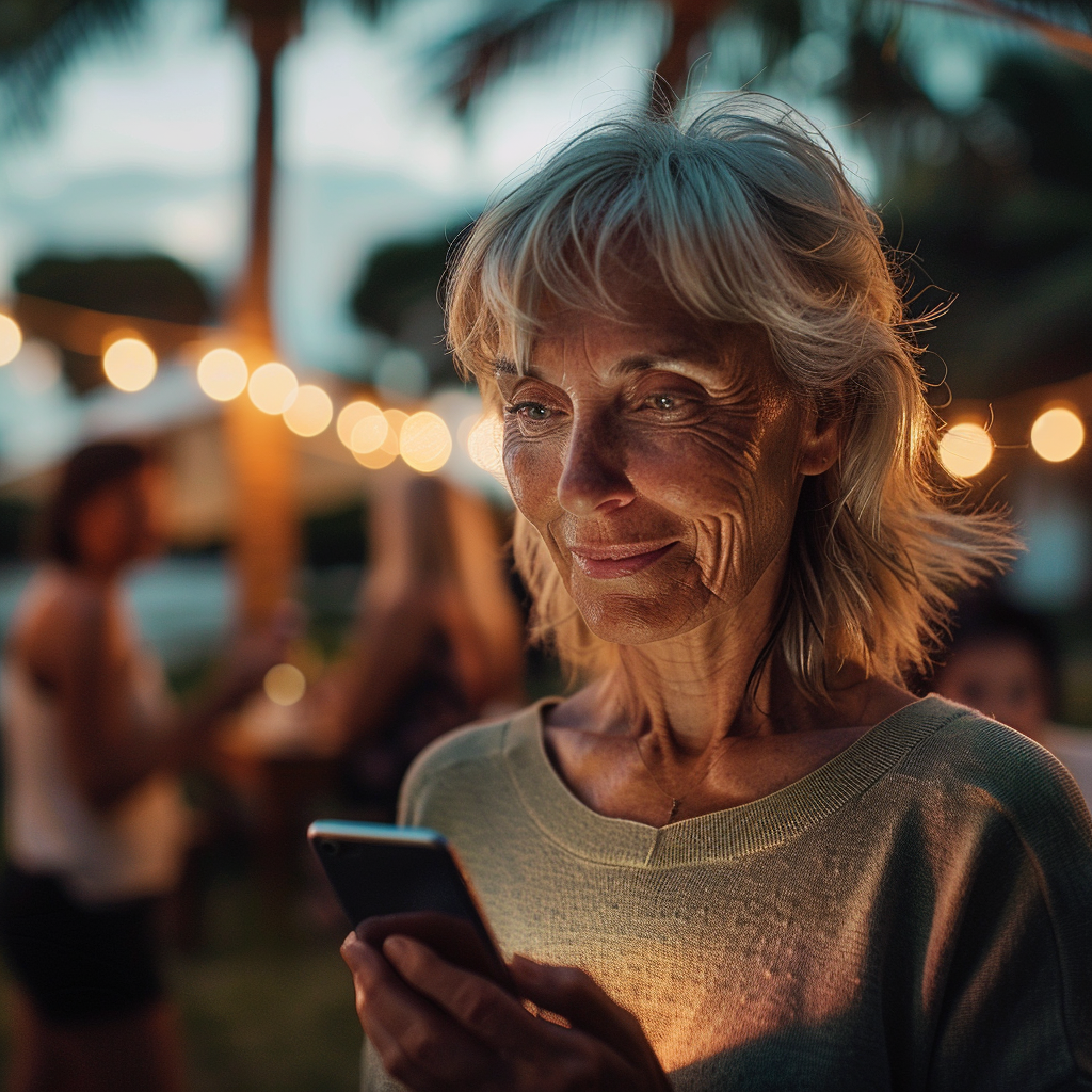 Une femme âgée souriante tenant son smartphone lors d'une soirée barbecue | Source : Midjourney