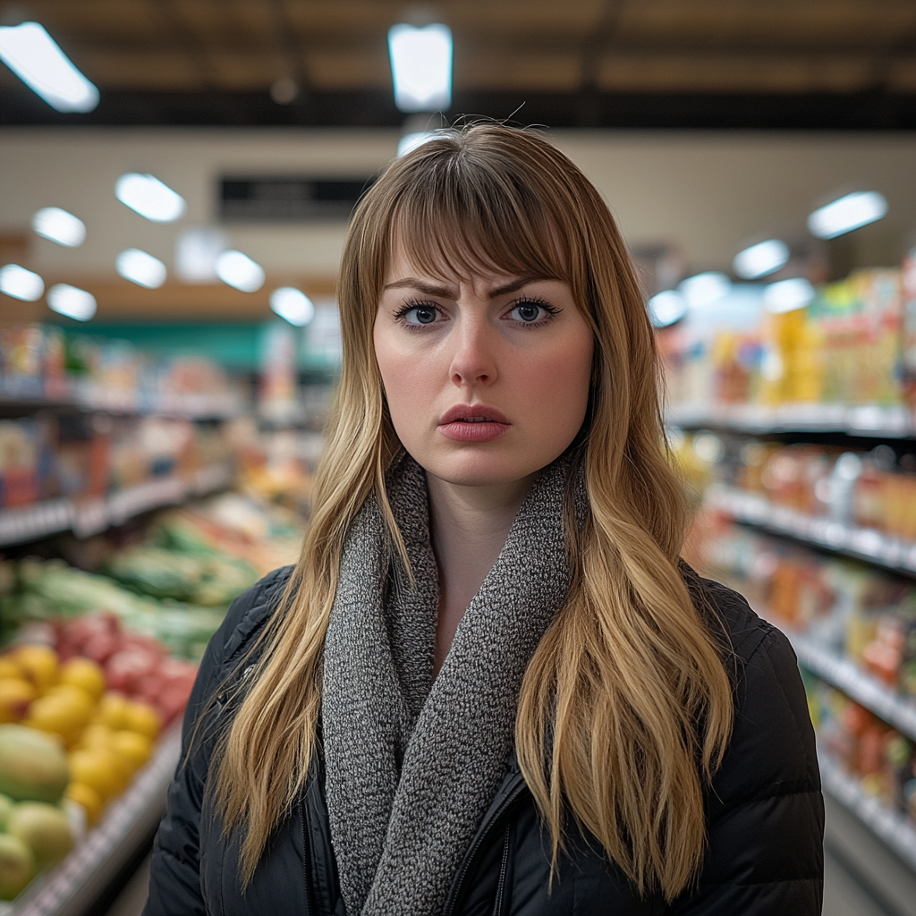 Une femme semble préoccupée alors qu'elle se trouve dans une épicerie | Source : Midjourney