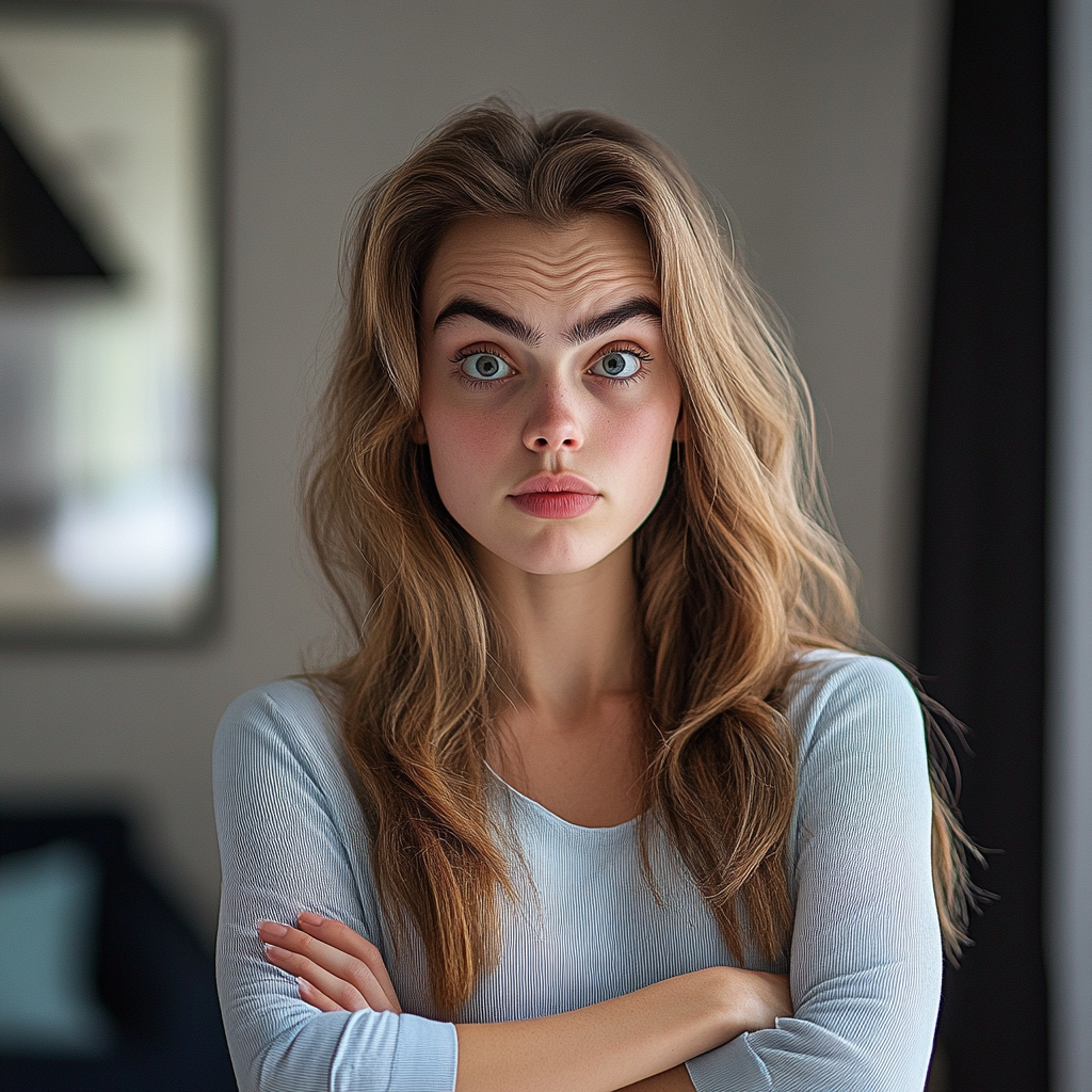 Une femme a l'air en colère et sérieuse alors qu'elle se tient dans son salon | Source : Midjourney