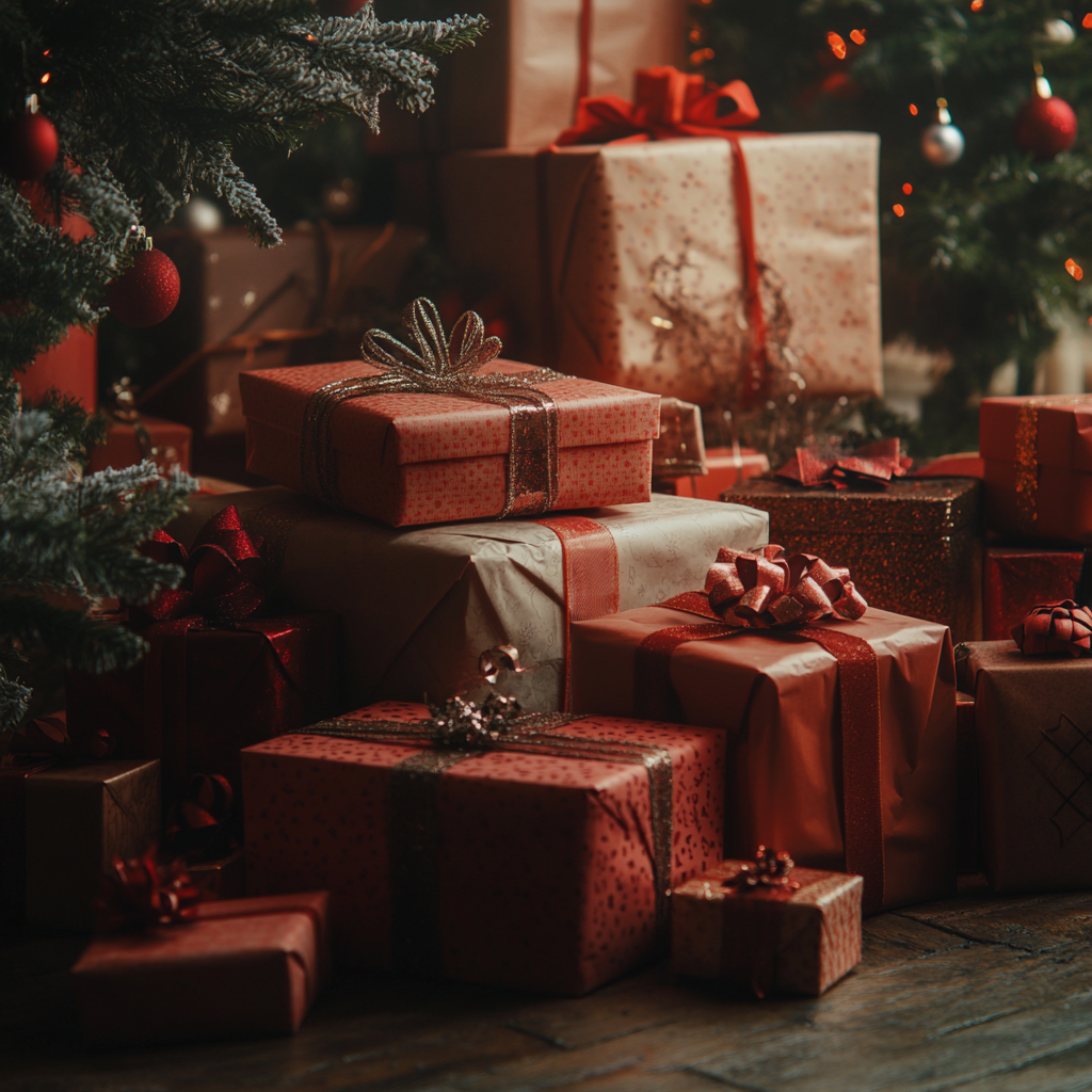 Une pile de cadeaux de Noël | Source : Midjourney