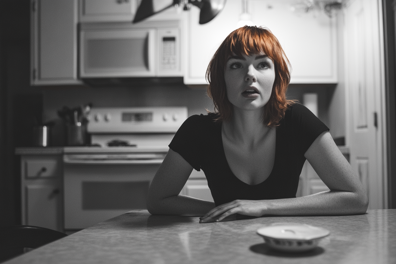 Une femme assise à une table de cuisine | Source : Midjourney