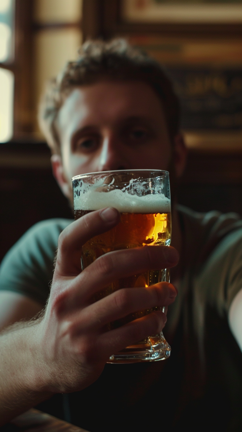 A man holding a glass of beer | Source: Midjourney