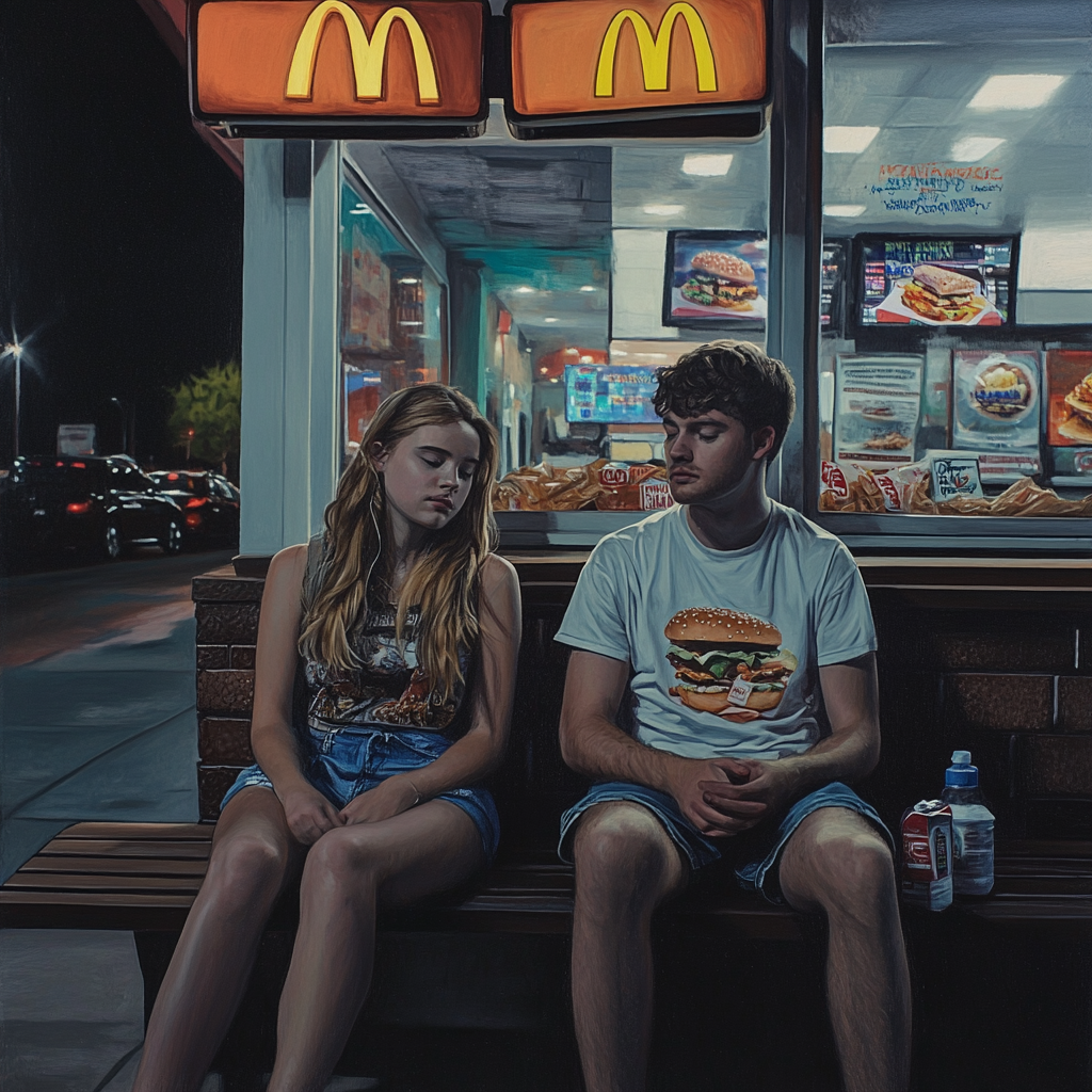 A couple sitting in a fast food restaurant | Source: Midjourney