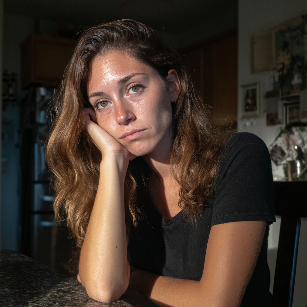 Une femme émotive assise à une table | Source : Midjourney