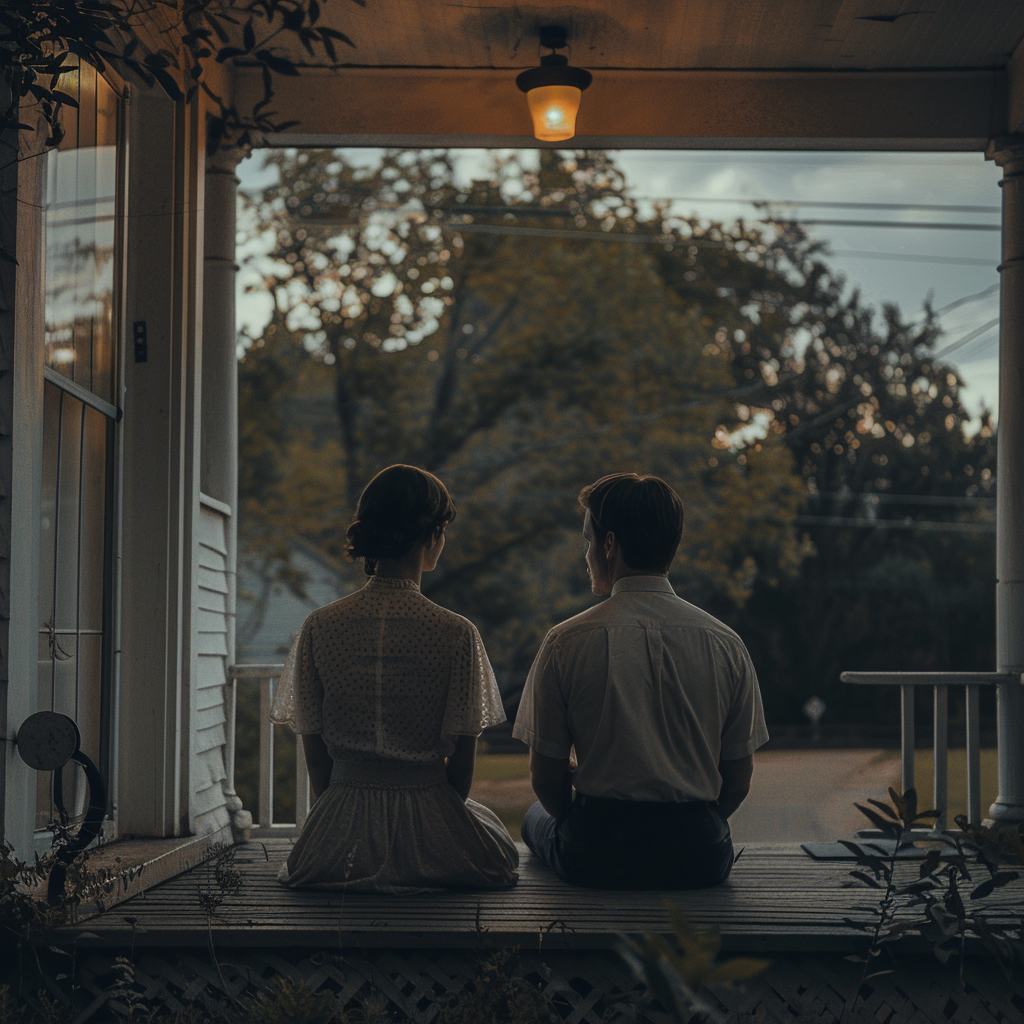 Un couple assis sur la terrasse d'une maison | Source : Midjourney