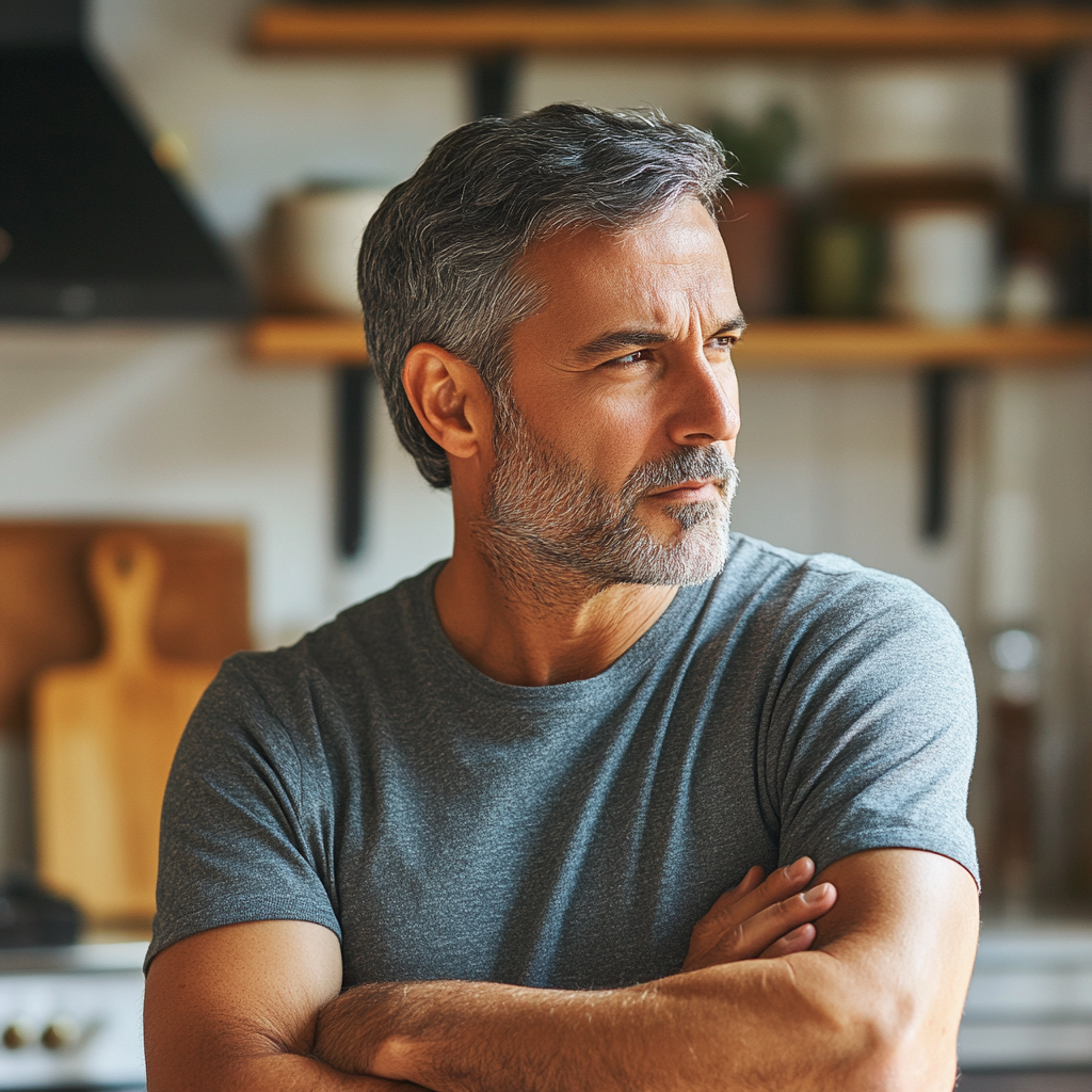 Un homme sérieux dans sa cuisine | Source : Midjourney