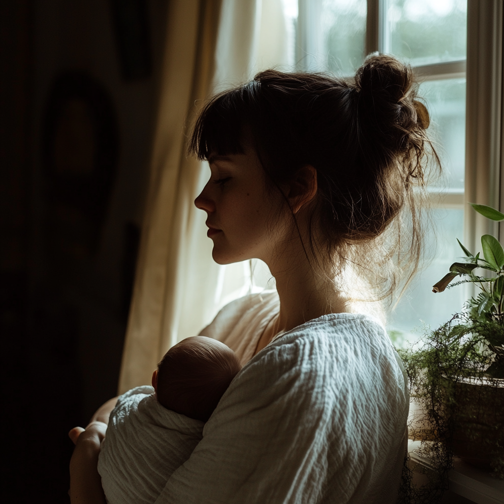 Une photo de côté d'une femme tenant un bébé | Source : Midjourney