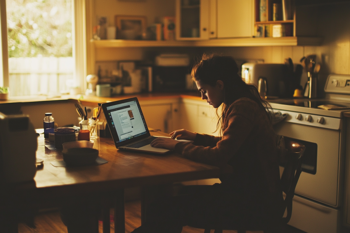 Une femme tendue travaillant sur un ordinateur portable | Source : Midjourney