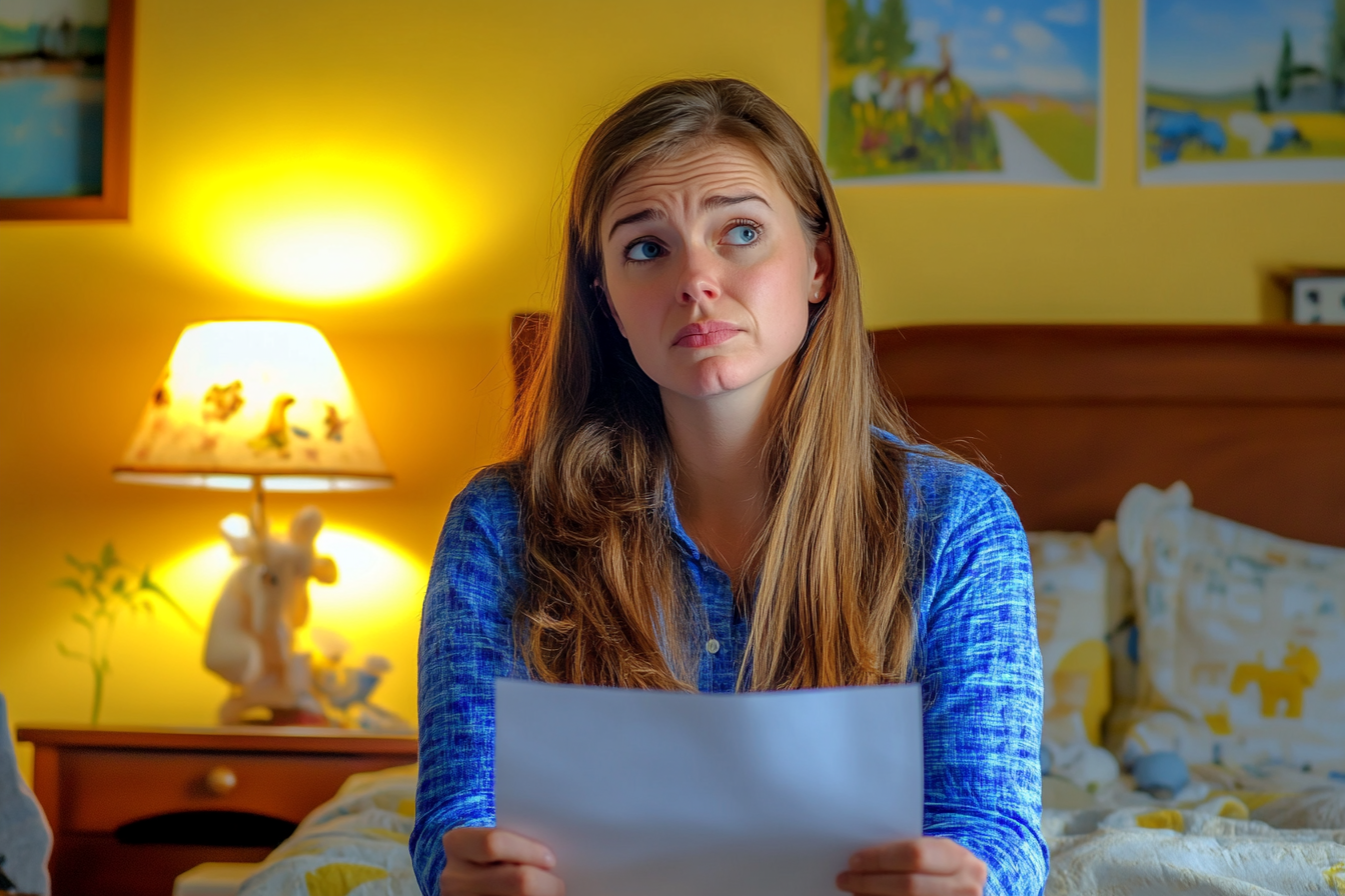 Une femme assise sur le lit d'un enfant tenant une page de papier | Source : Midjourney