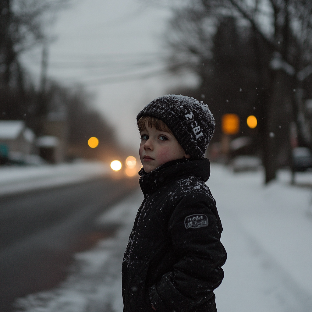 Un garçon triste debout dans la neige | Source : Midjourney