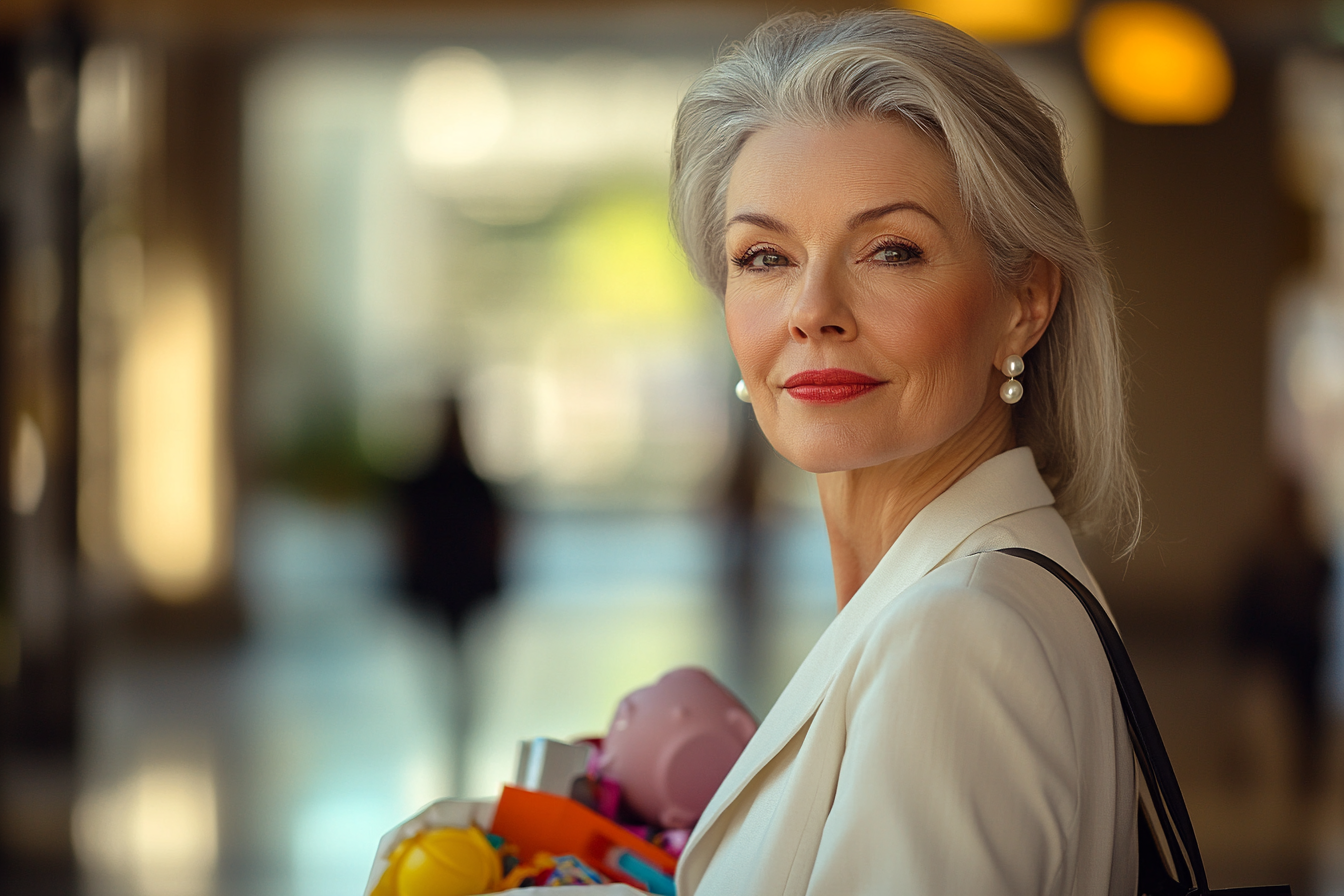 Femme d'une soixantaine d'années marchant dans le centre commercial en tenant des sacs de jouets | Source : Midjourney