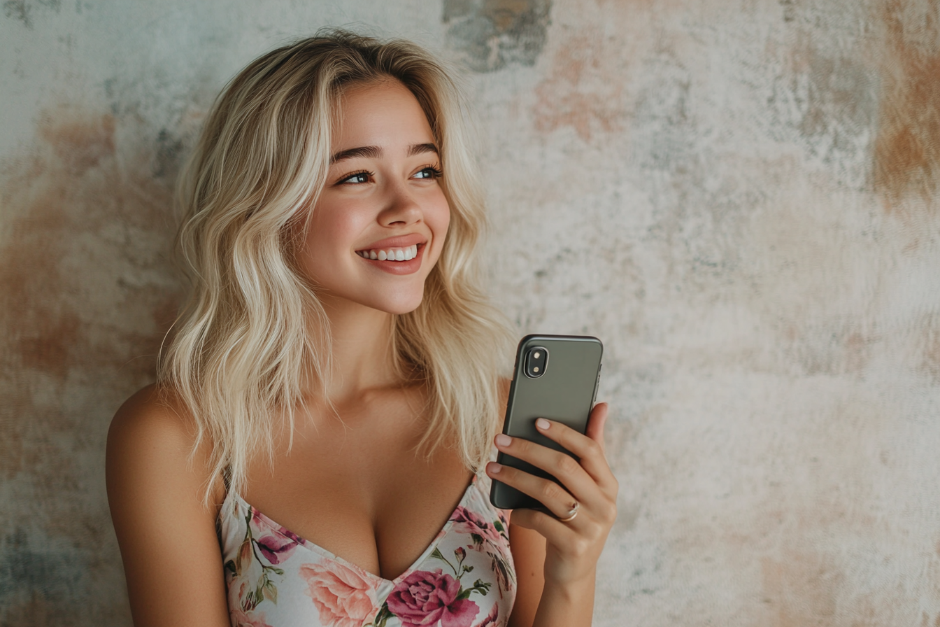 Une femme souriante tenant son téléphone | Source : Midjourney