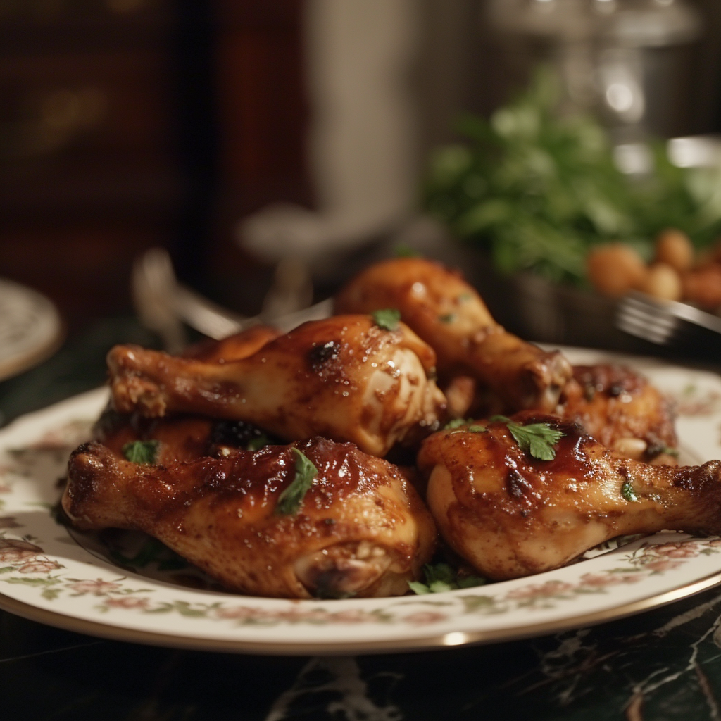 Pilons de poulet dans une assiette | Source : Midjourney