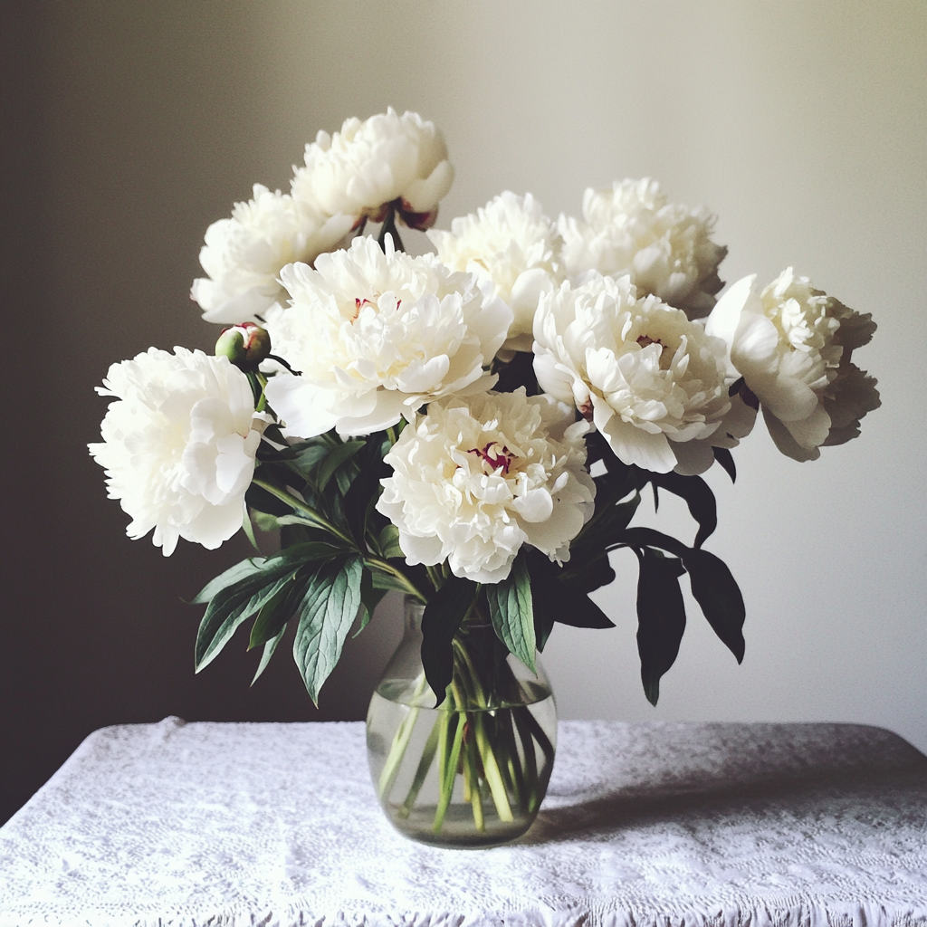 Un bouquet de pivoines blanches sur une table | Source : Midjourney