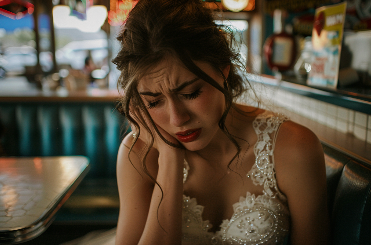 Une mariée qui pleure dans un restaurant | Source : MidJourney