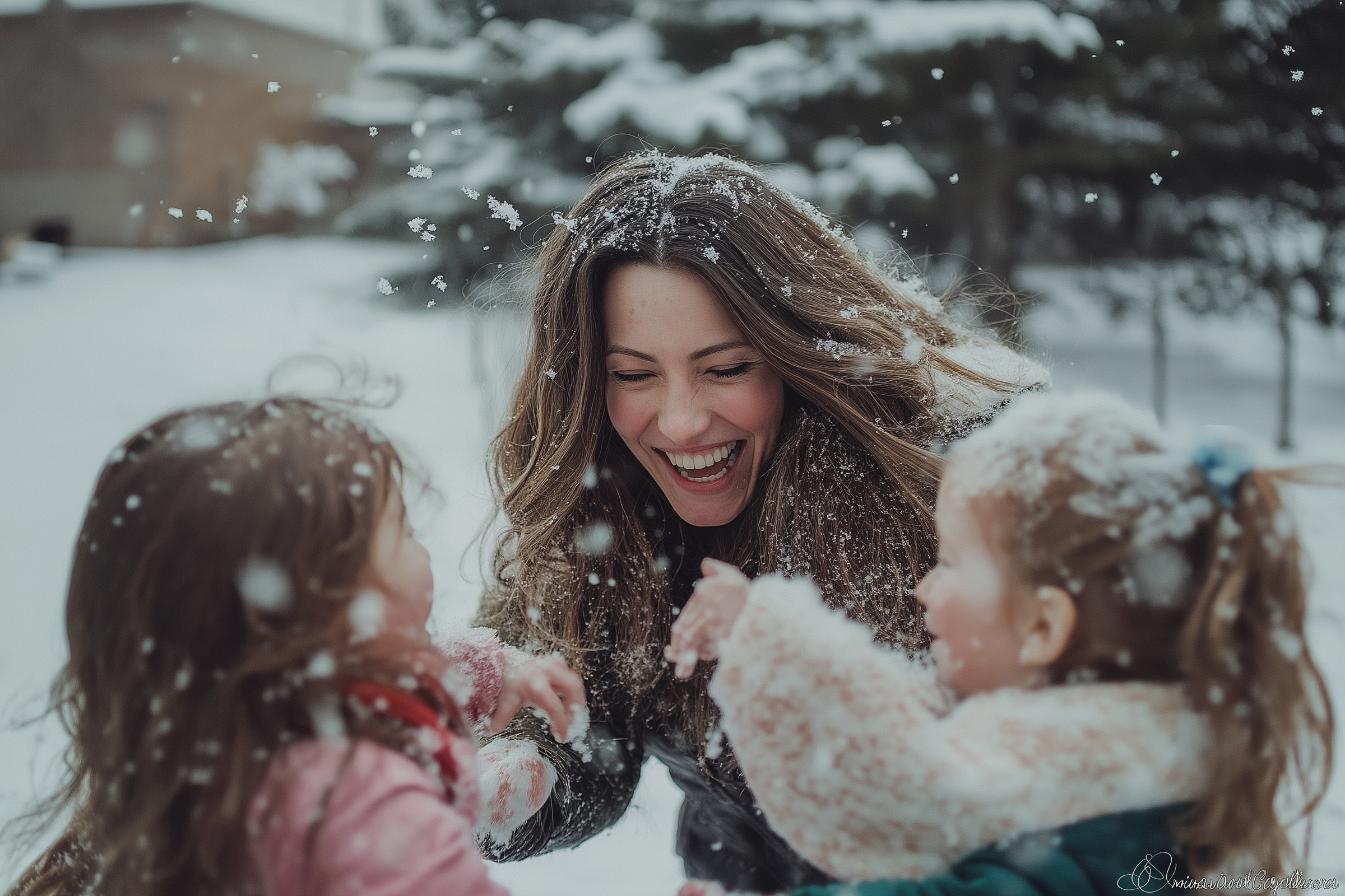 Une femme et ses enfants s'amusent dans la neige | Source : Midjourney