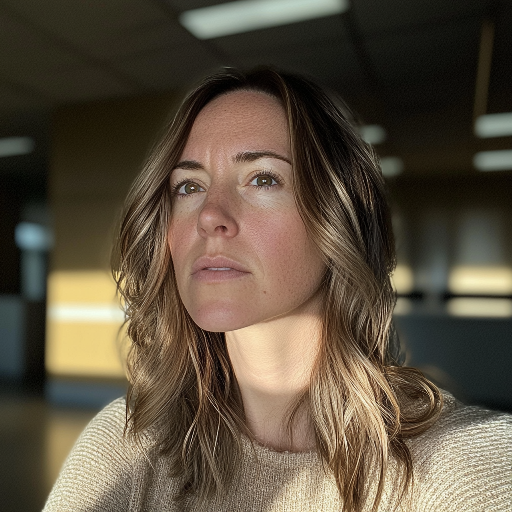 Une femme émotive dans une salle de pause au travail | Source : Midjourney