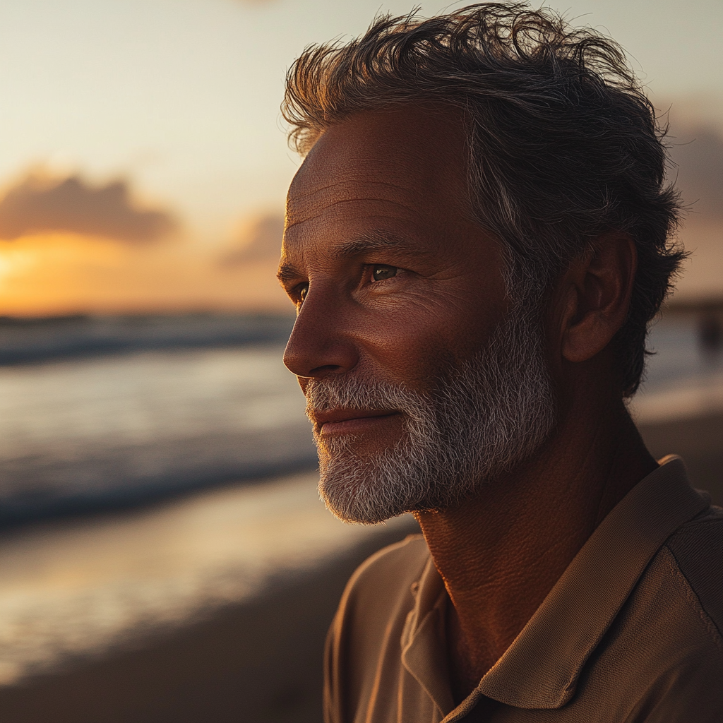 Un homme debout sur une plage, en train de penser | Source : Midjourney