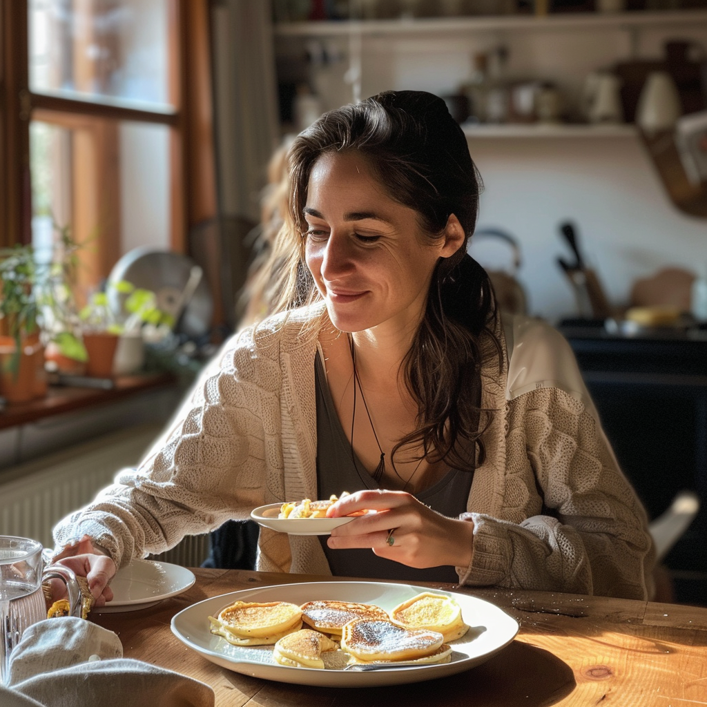 Une femme souriante mangeant à une table | Source : Midjourney