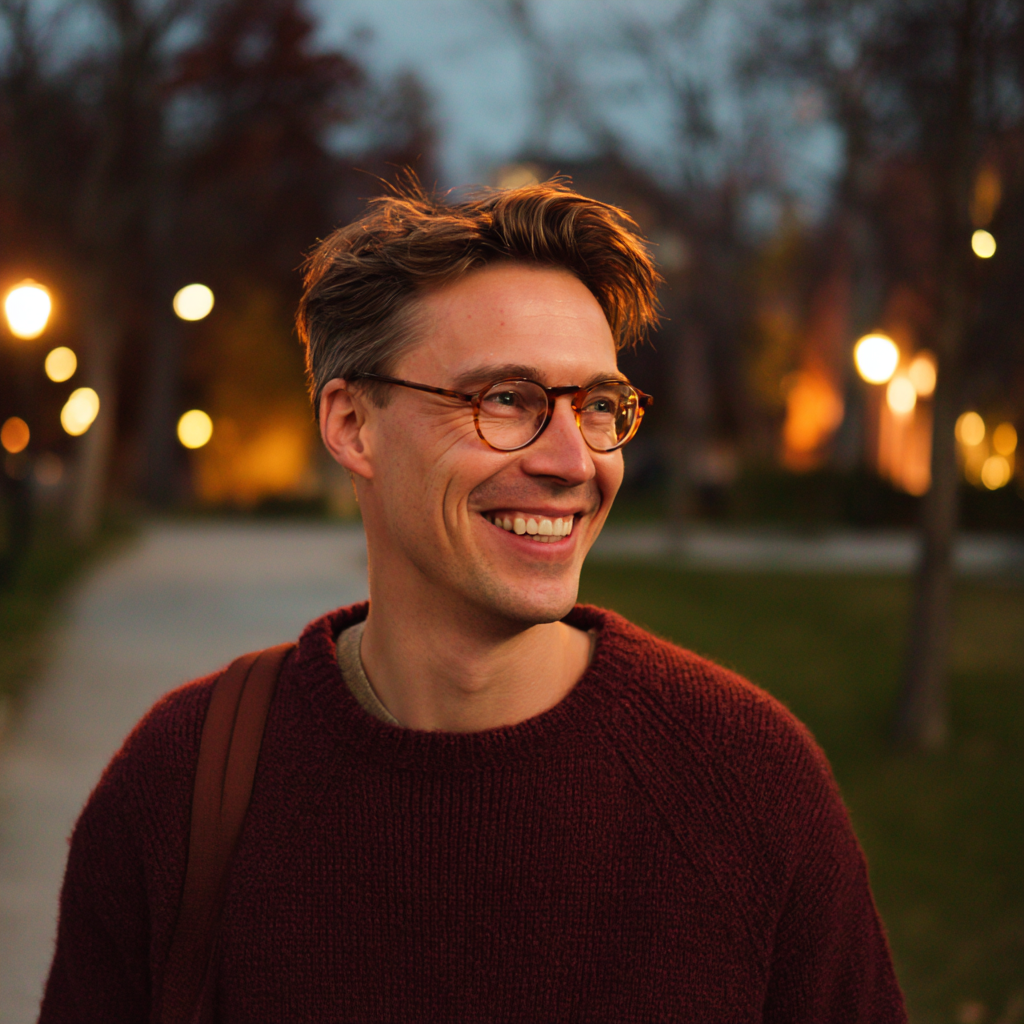 Un homme souriant dans un parc | Source : Midjourney