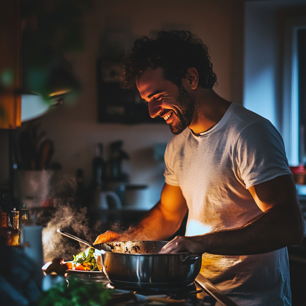 Un homme souriant en train de cuisiner | Source : Midjourney