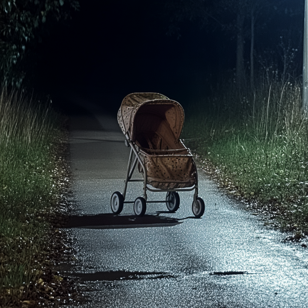 Une poussette abandonnée sur la route la nuit | Source : Midjourney