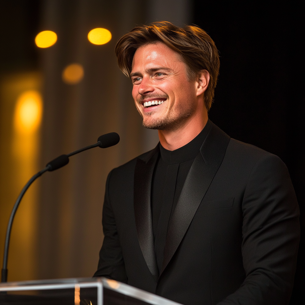 Un homme souriant debout devant un podium | Source : Midjourney