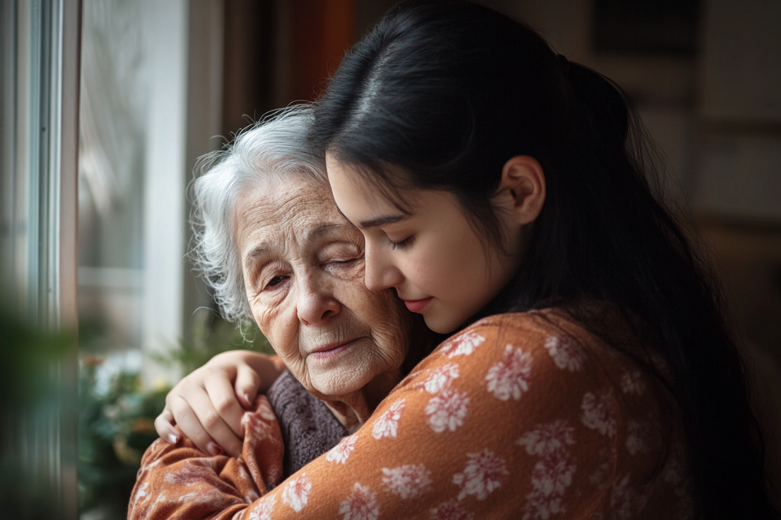 Une femme serrant sa grand-mère dans ses bras | Source : Midjourney