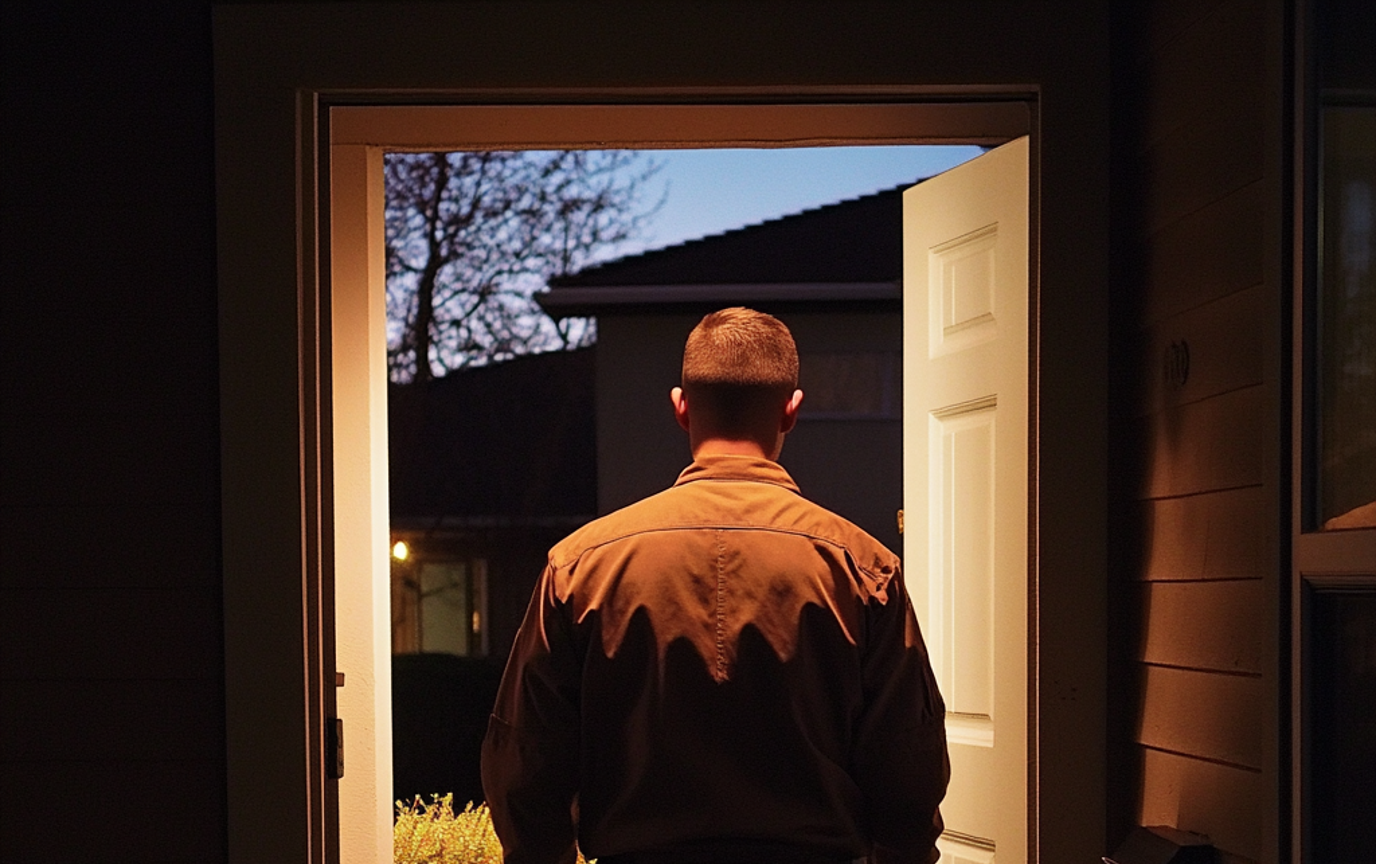 Un homme sortant d'une maison | Source : Midjourney