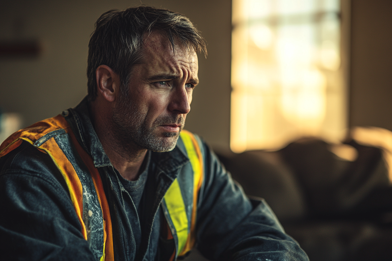 Homme en vêtements de chantier tristement assis sur un canapé | Source : Midjourney