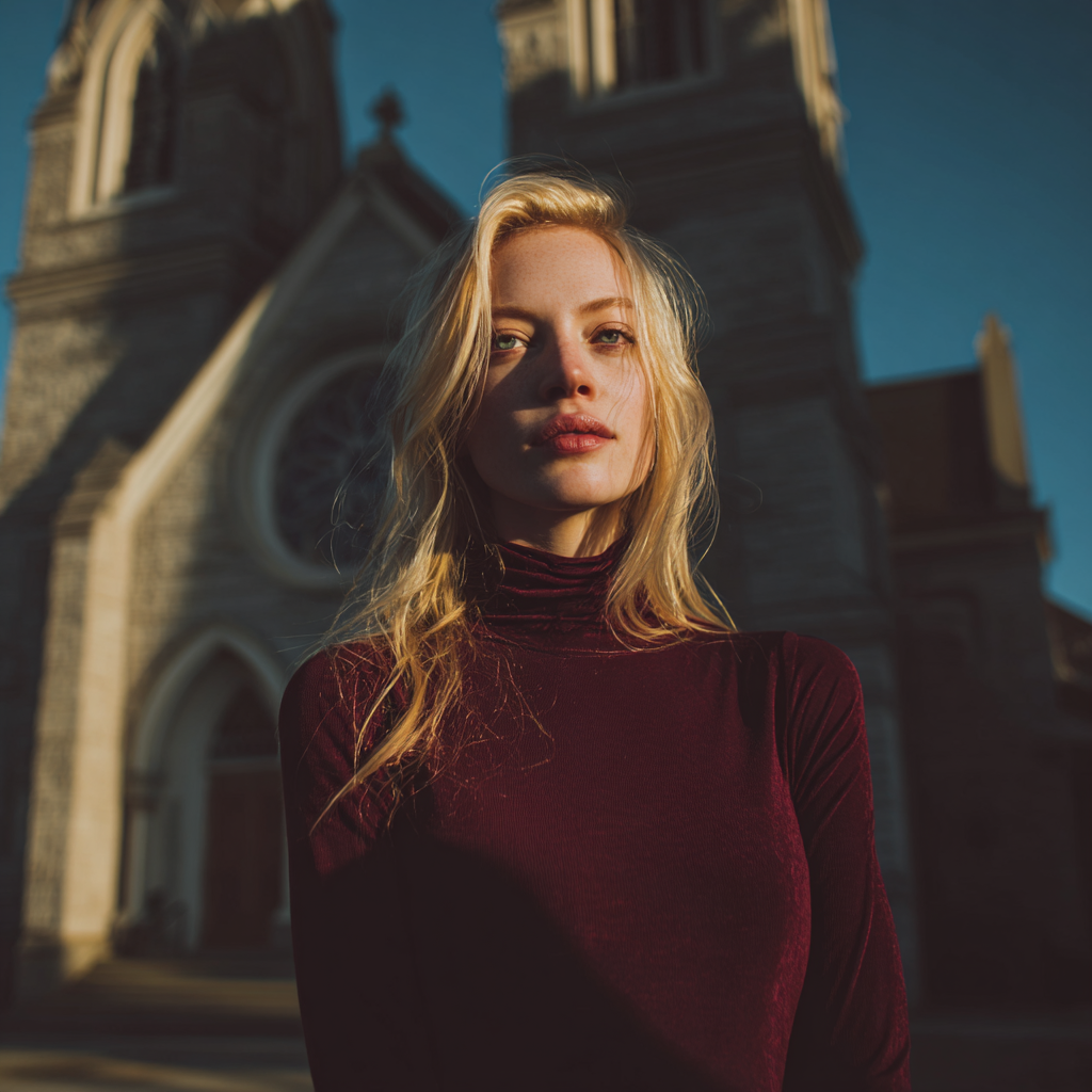 Une femme fatiguée se tenant à l'extérieur d'une église | Source : Midjourney