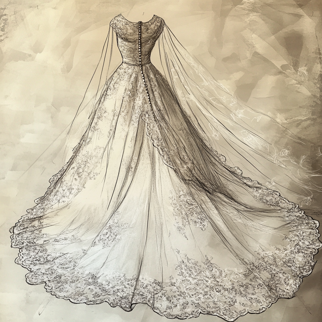 Un croquis d'une robe de mariée | Source : Midjourney