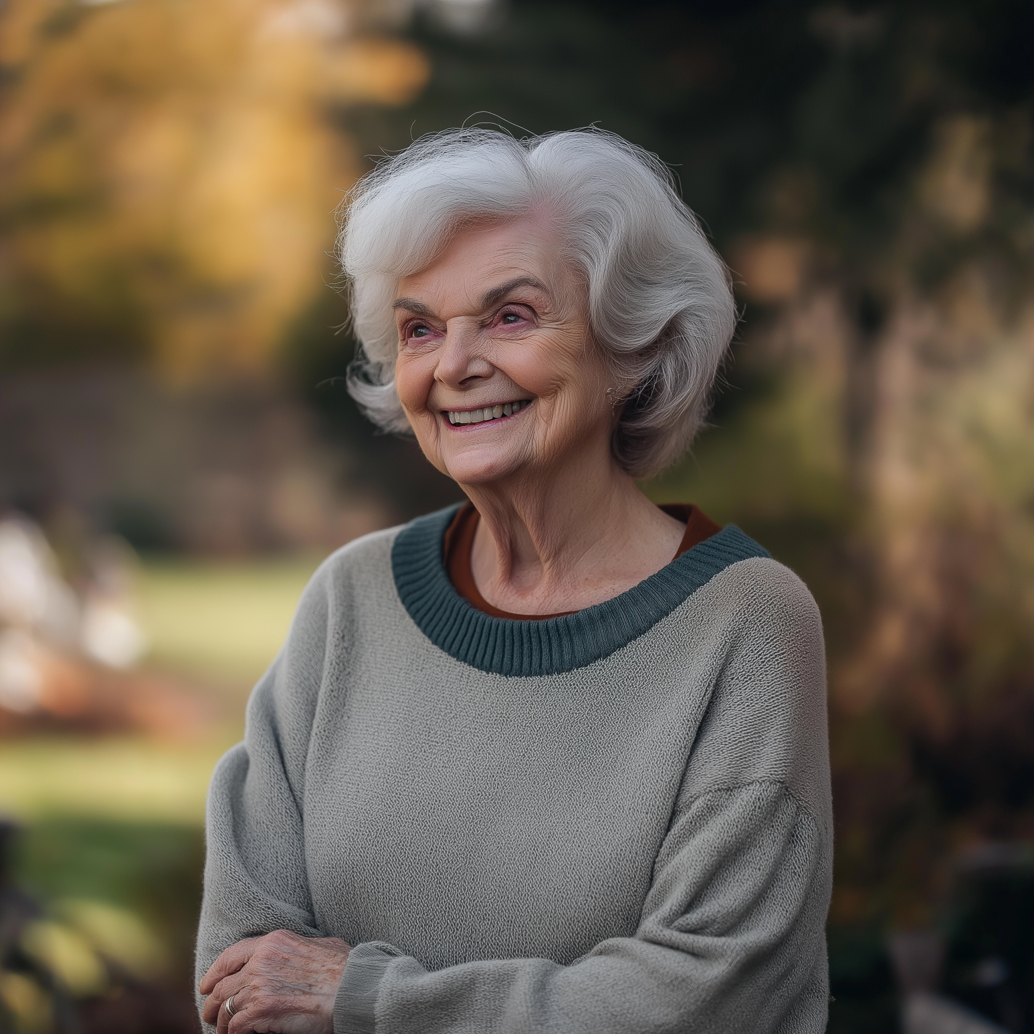 Une femme âgée sourit en se tenant dans son jardin | Source : Midjourney