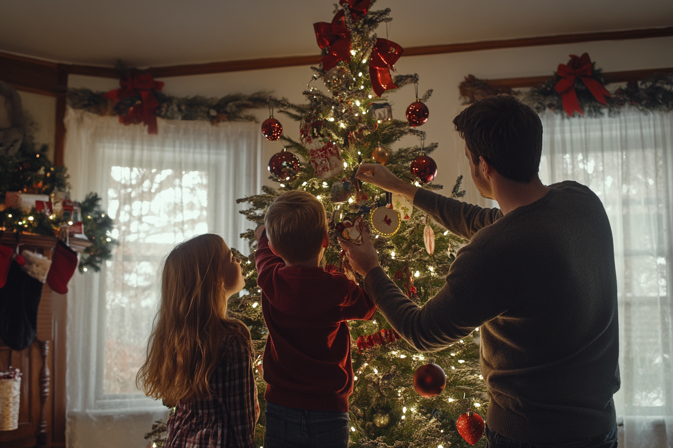 Un homme et deux enfants décorant un arbre de Noël | Source : Midjourney