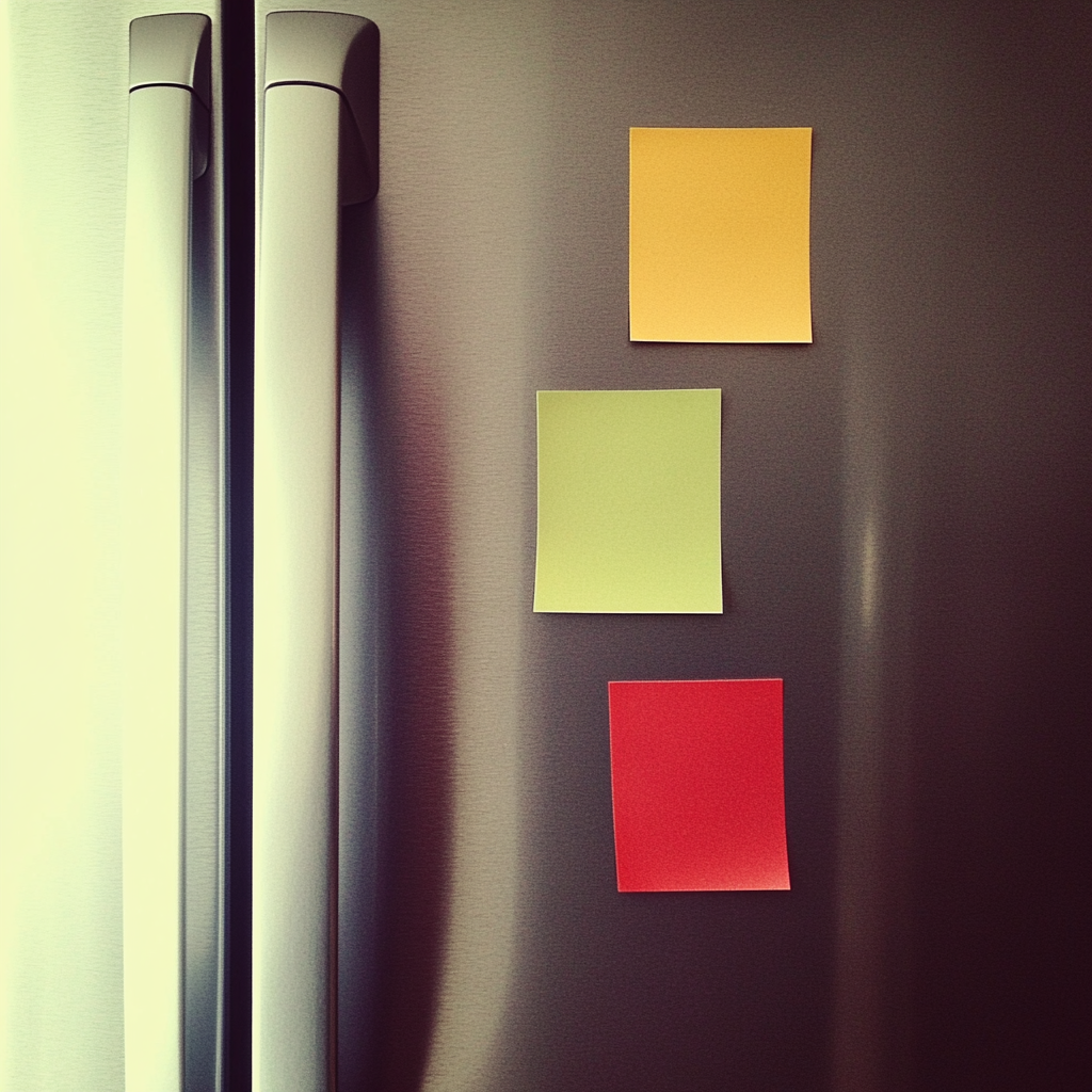 Post-it de couleur sur un réfrigérateur | Source : Midjourney
