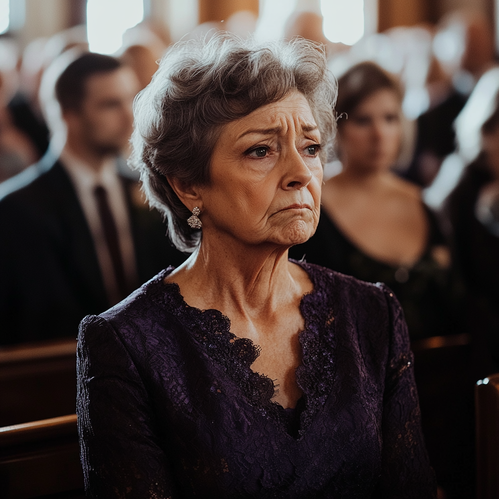 Une femme bouleversée assise sur un banc d'église | Source : Midjourney