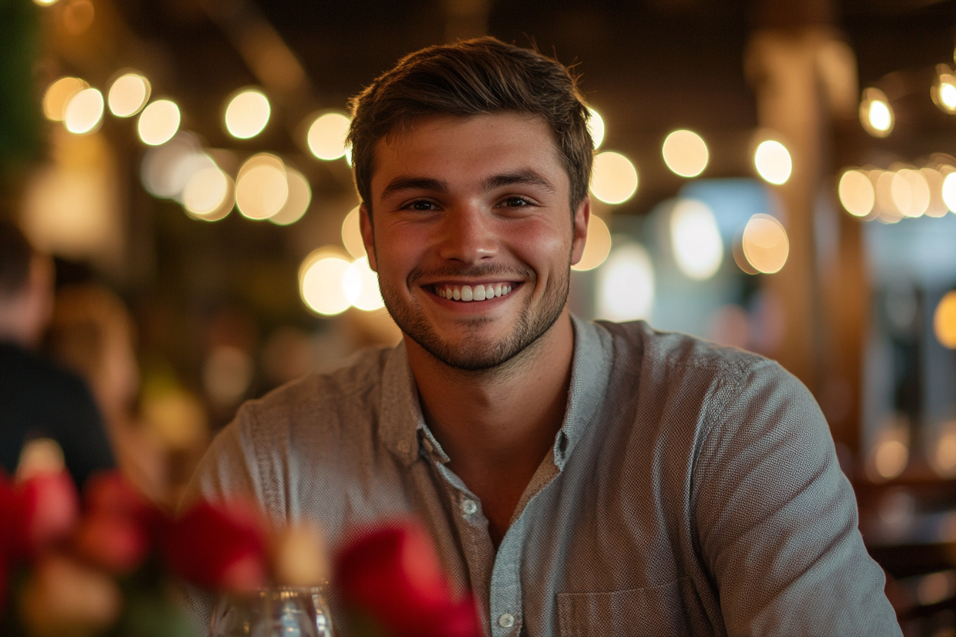 Un homme dans un restaurant qui sourit à son rendez-vous | Source : Midjourney