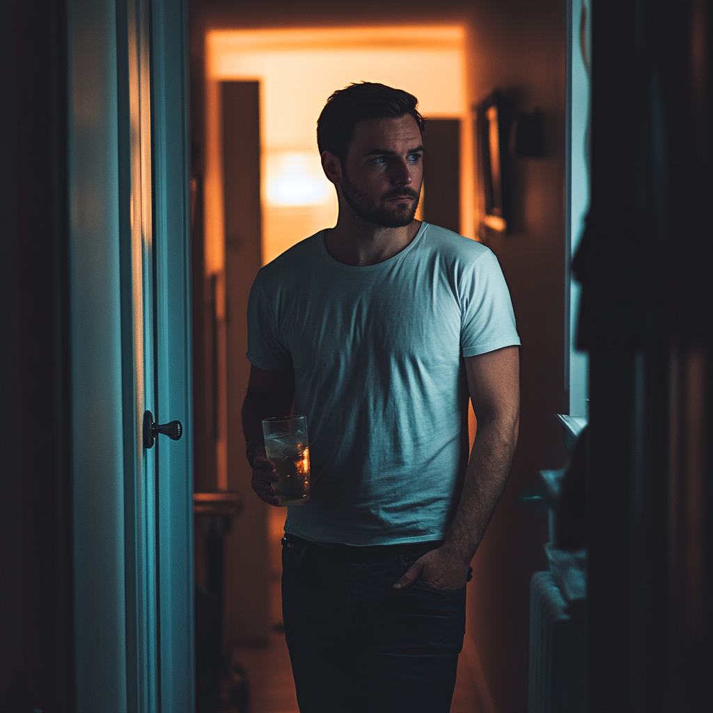 Un homme qui marche dans la maison avec un verre à la main | Source : Midjourney