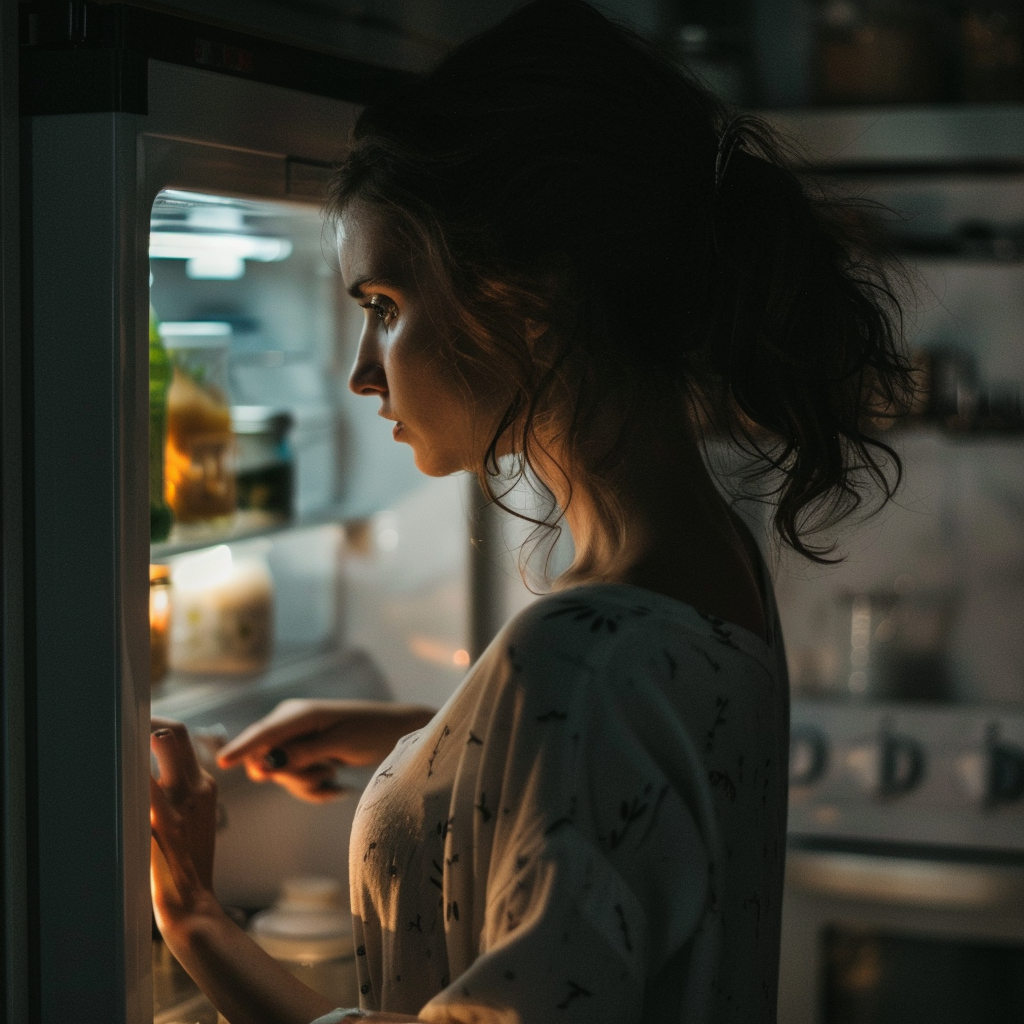 Une femme qui regarde dans un réfrigérateur | Source : Midjourney