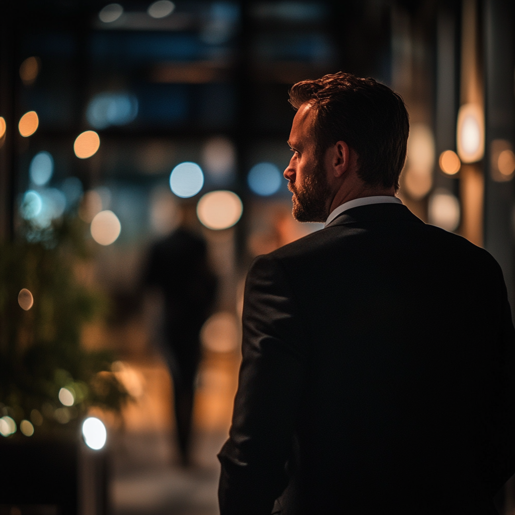 Un homme en costume quittant un événement d'entreprise | Source : Midjourney