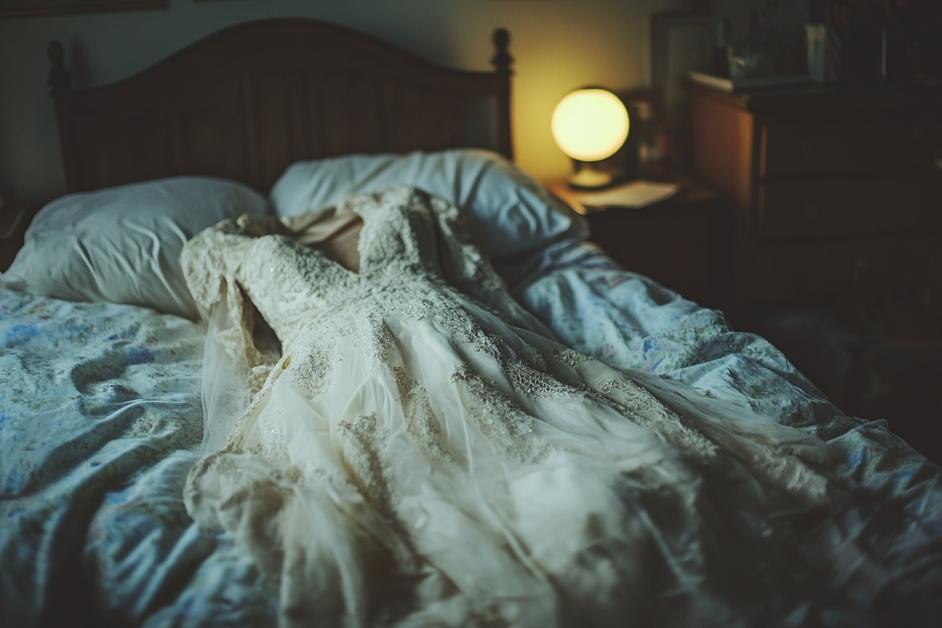 Robe de mariée en ruine sur un lit | Source : Midjourney