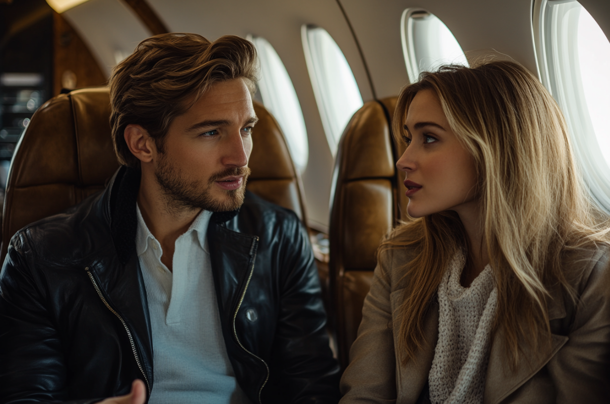 Un homme et une femme qui parlent dans un avion | Source : Midjourney