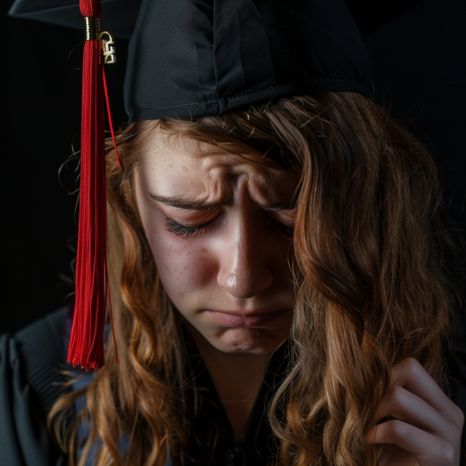 Une jeune femme vêtue d'une toge et d'un chaêau de fin d'études pleure | Source : Midjourney