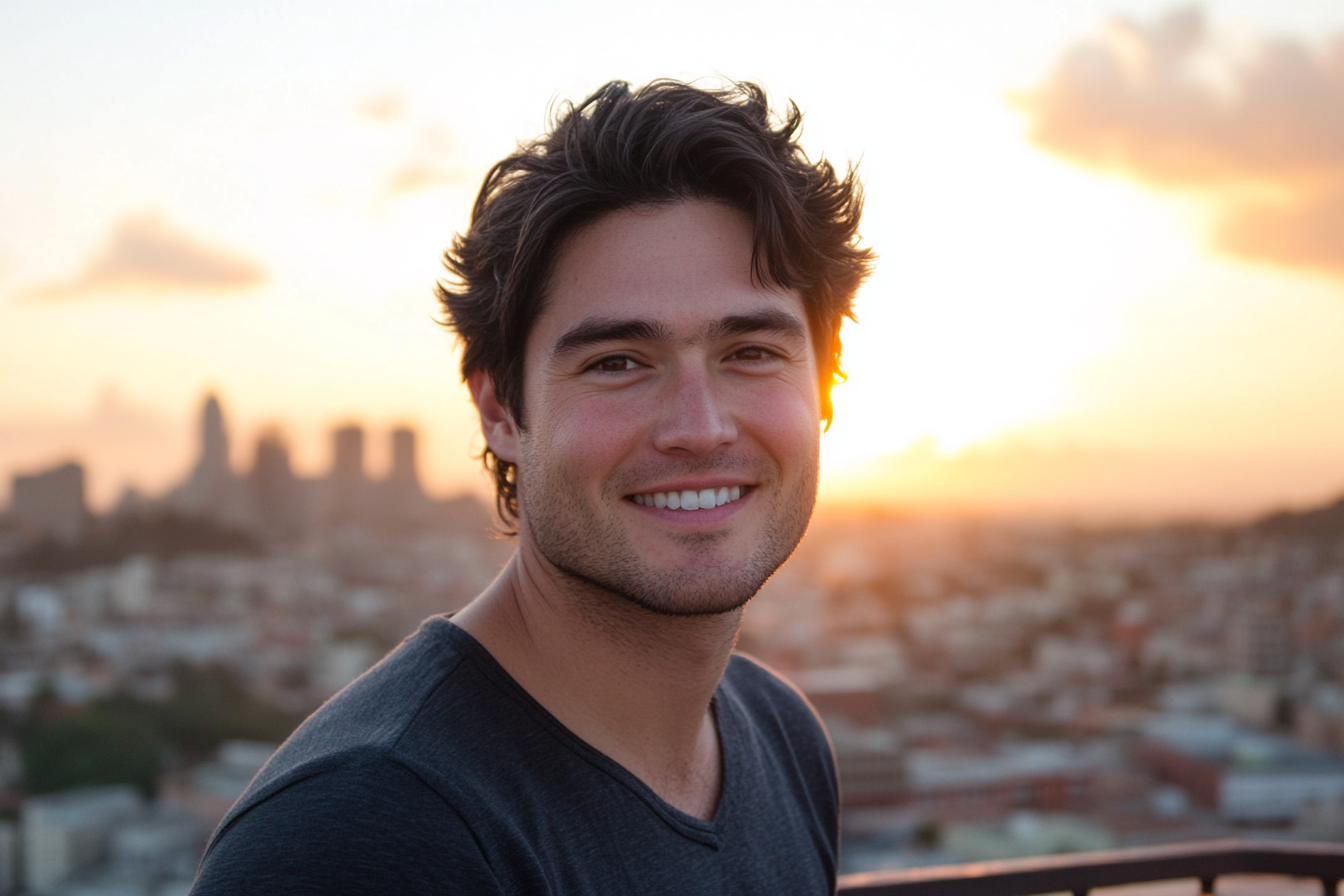 Un homme souriant sur un balcon | Source : Midjourney