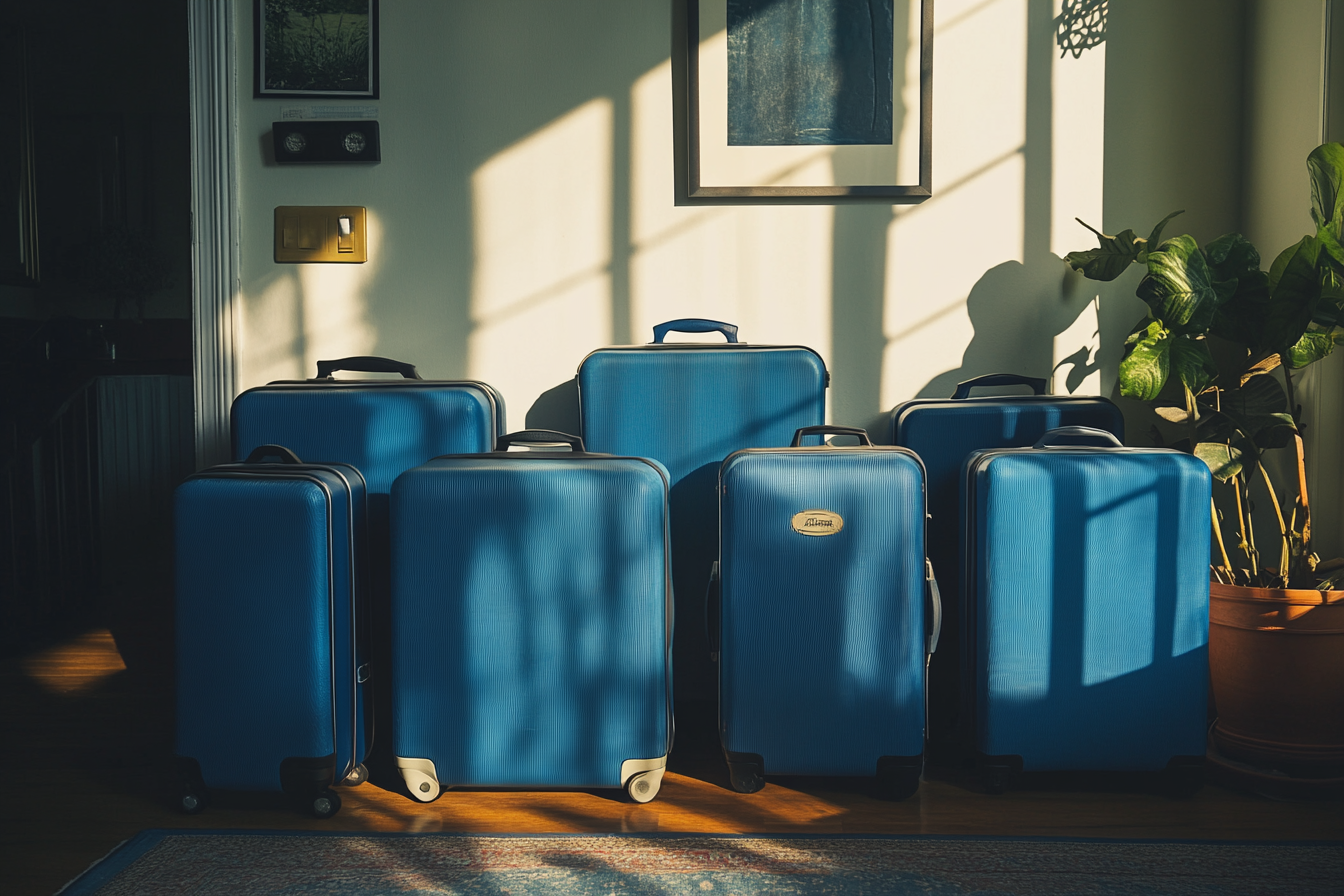 Sept valises bleues alignées contre le mur d'un salon | Source : Midjourney