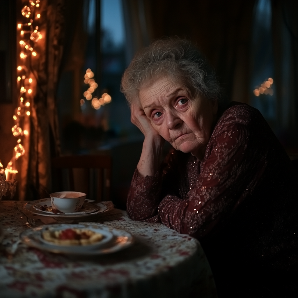 Une femme triste assise à la table | Source : Midjourney