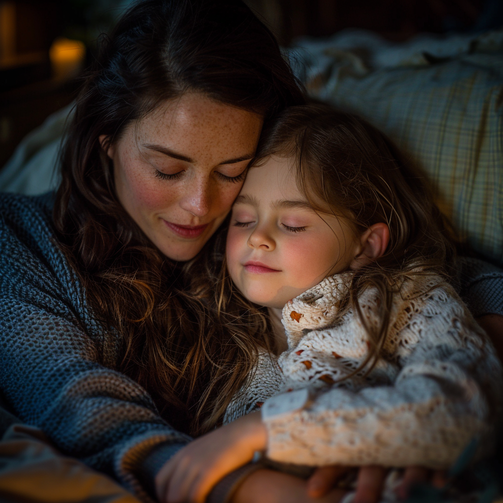 Une femme bordant sa fille dans son lit | Source : Midjourney