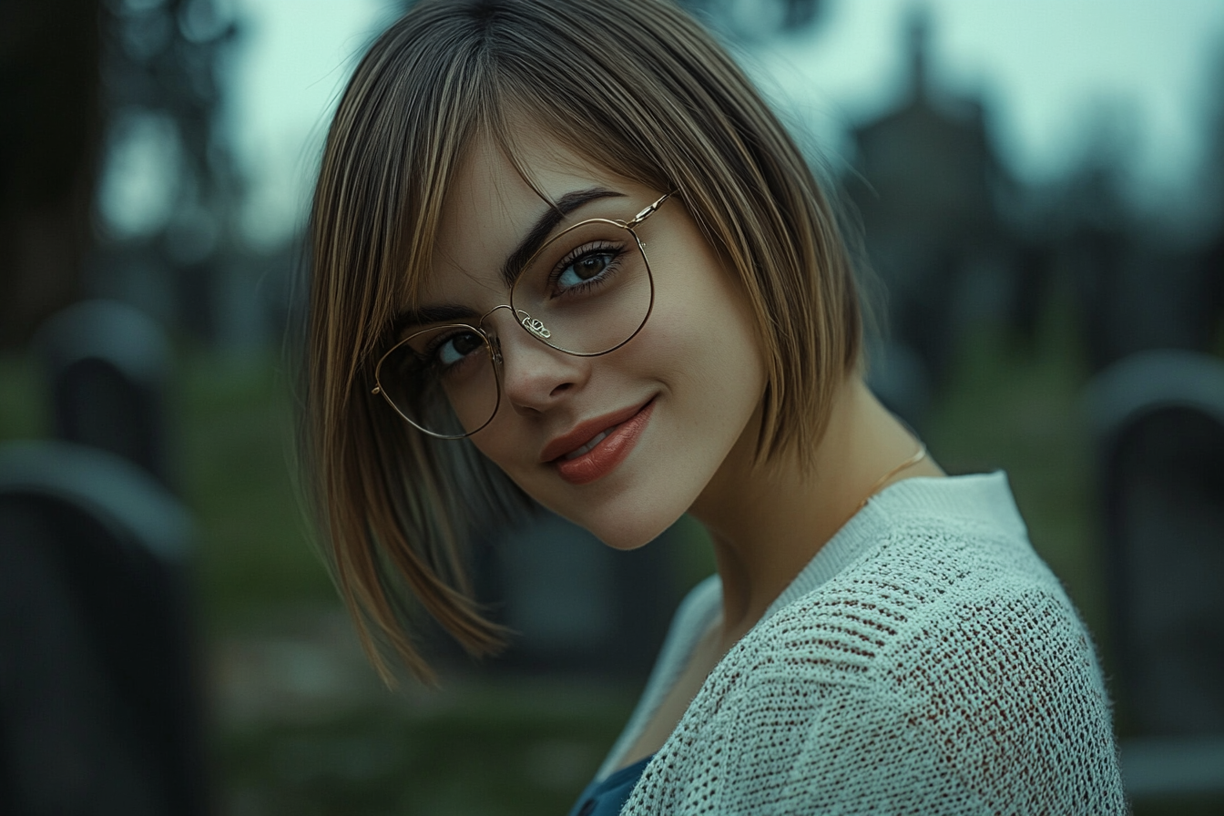 Une femme debout dans un cimetière, souriante | Source : Midjourney