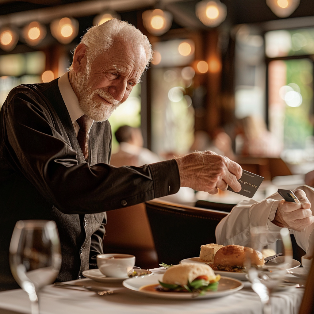 Homme âgé remettant sa carte au serveur | Source : Midjourney