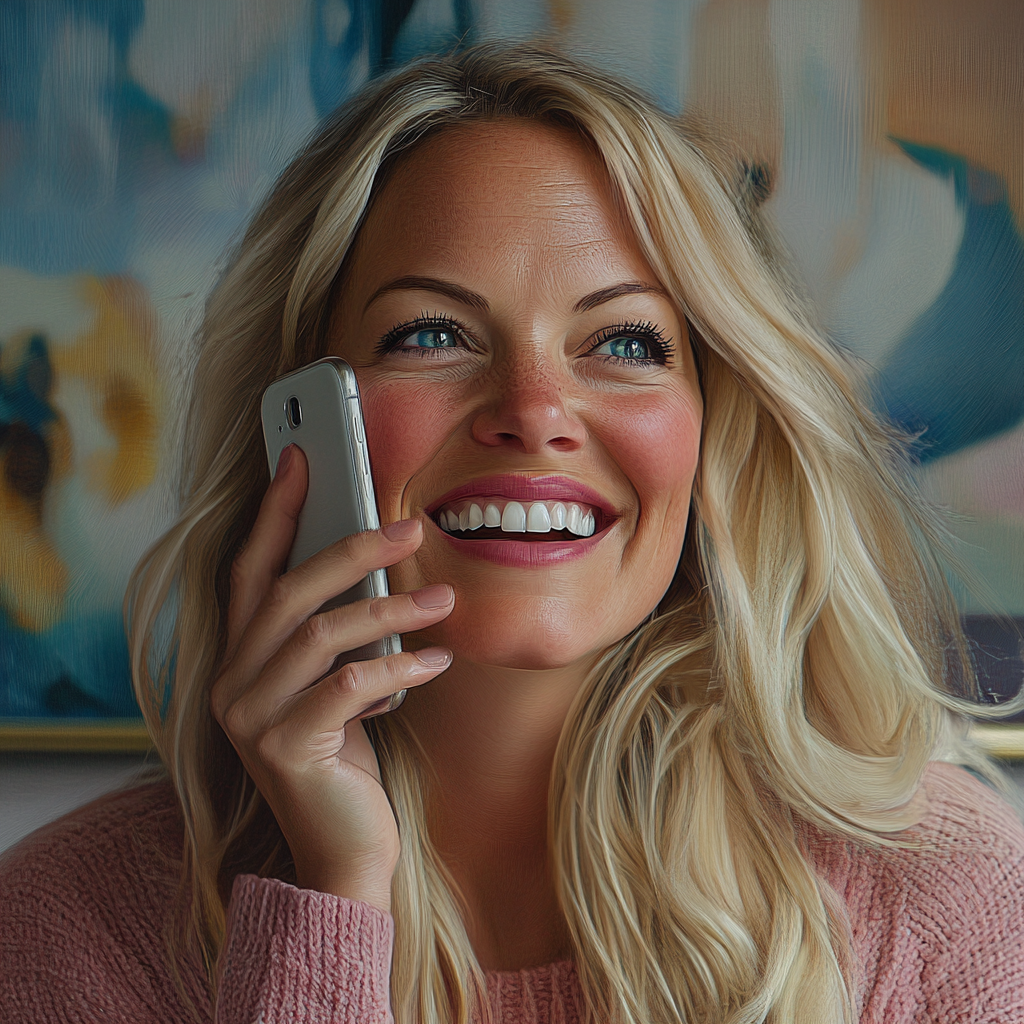 Une femme souriante qui parle au téléphone | Source : Midjourney